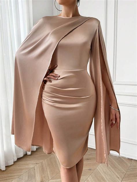 Shein Privé Solid Cloak Sleeve Satin Bodycon Dress Shein Uk