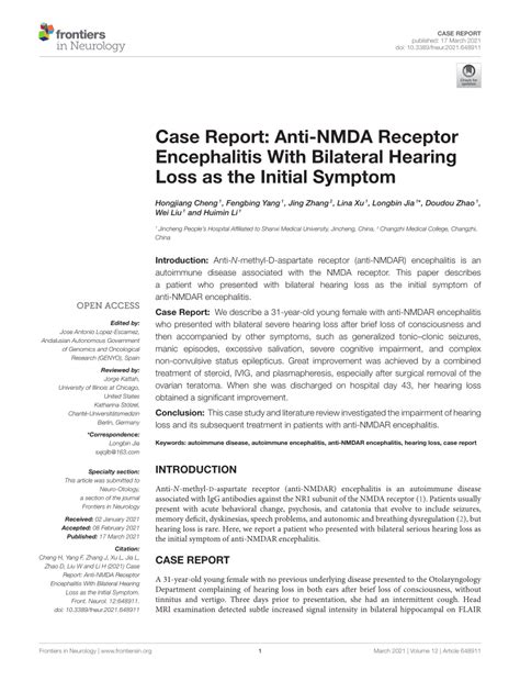 Pdf Case Report Anti Nmda Receptor Encephalitis With Bilateral Hearing Loss As The Initial