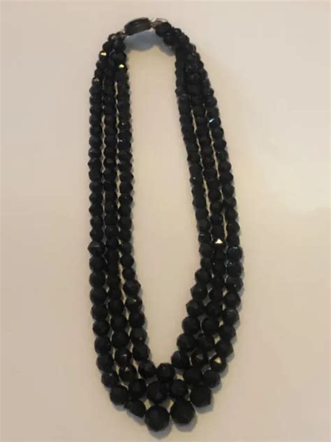 Collier Ras Du Cou Ancien En Perles De Jais Rangs Facettes Noir Eur