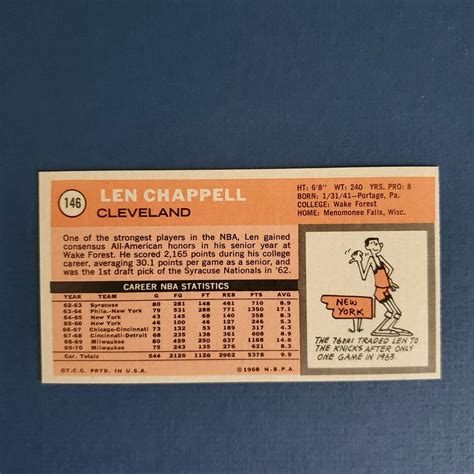 VINTAGE 1970 TOPPS BASKETBALL LEN CHAPPELL 146 PACK FRESH EBay