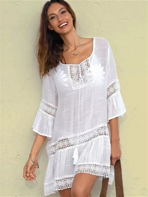 2023 Sexy Bikini Set Vertuschungen L Ssig V Ausschnitt Kurzarm Sommer Strand Kleid Wei E Tunika