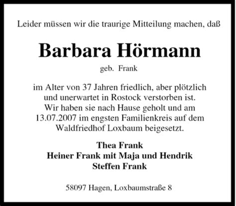 Traueranzeigen Von Barbara H Rmann Trauer In Nrw De