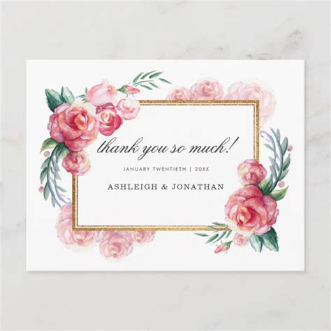 Gold Glitter And Watercolor Flowers Thank You Postcard Zazzle