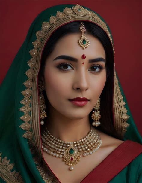 Premium Photo A Woman In A Green Sari With A Red Background