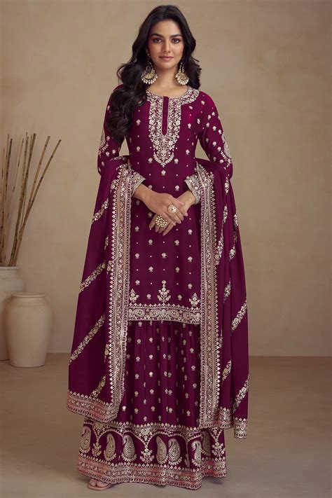 wine maroon silk embroidered sharara suit lstv