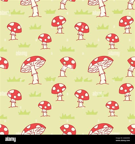 Red Mushroom Fly Amanita In The Grass Field Seamless Pattern Fungi