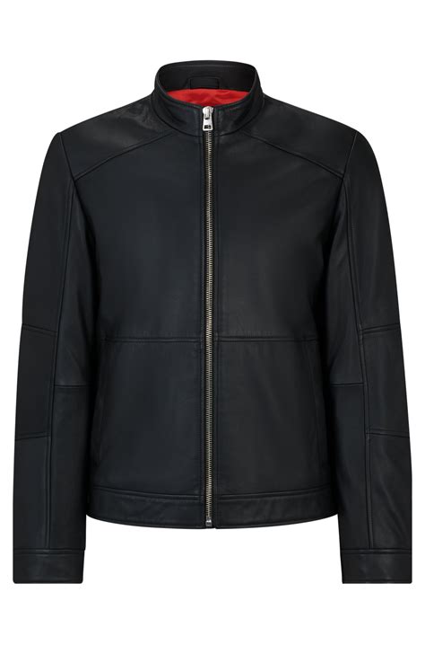 HUGO - Extra-slim-fit leather jacket with red lining - Black