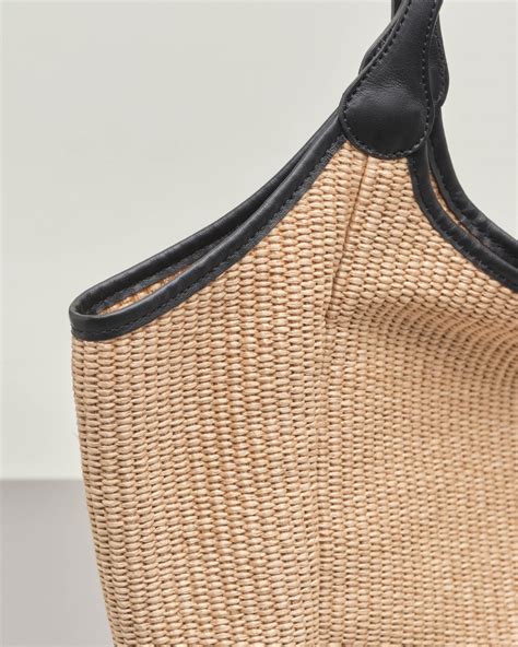 Borsa A Spalla In Raffia Color Paglia Con Profili In Pelle Nera Misura