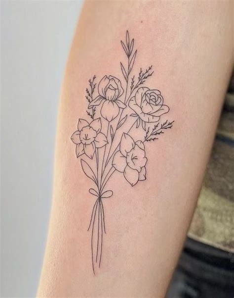 Fine Line Minimalist Birth Flower Bouquet Tattoo Bouquet Tattoo