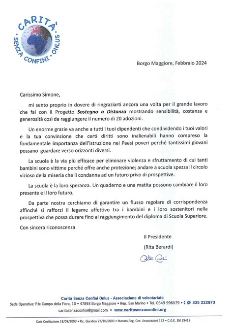 Ringraziamenti Dall Associazione Carit Senza Confini