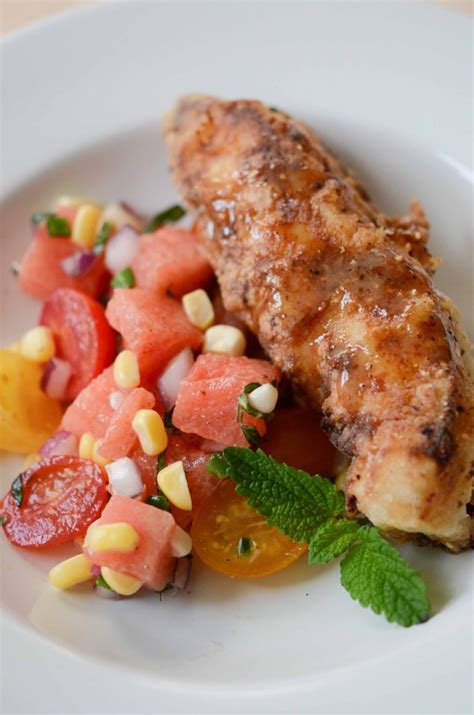 Fried Chicken With Watermelon Tomato And Corn Salad