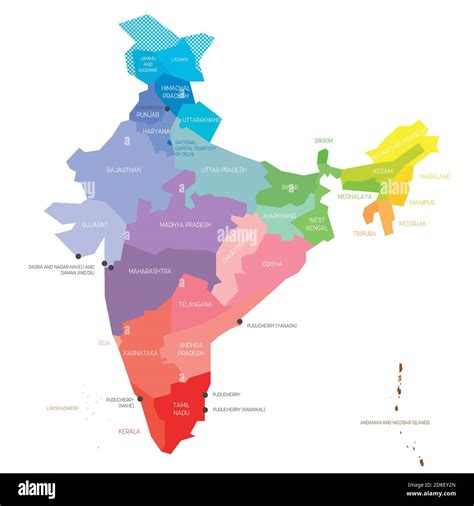 Colorful political map of India. Administrative divisions - states and union territories. Simple ...