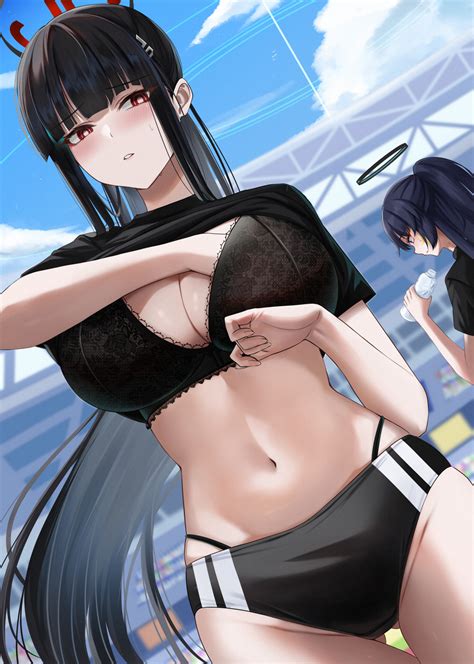 Rule 34 2girls Black Bra Black Buruma Black Hair Black Shirt Blue