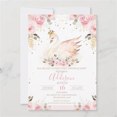 Pink Floral Rose Princess Swan Birthday Invitation Zazzle