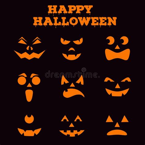 Collection Of Halloween Pumpkins Carved Faces Silhouettes Black And