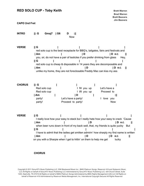 Red Solo Cup Arr Bronson Ferdinand Wright By Toby Keith Sheet Music