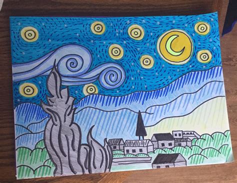 Starry Night Drawing With Crayon And Markers