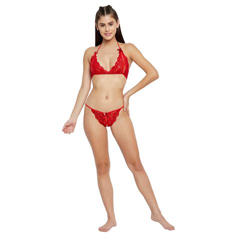 Buy Secrets By ZeroKaata Women Lace Lingerie Set Red Online