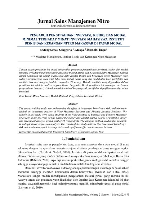 Pdf Pengaruh Pengetahuan Investasi Risiko Dan Modal Minimal