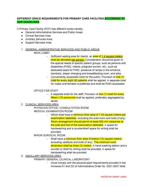 Different Requirements FOR Primary CARE Facilities According TO DOH