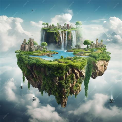 Premium Photo | A floating island with a waterfall and a city on it.