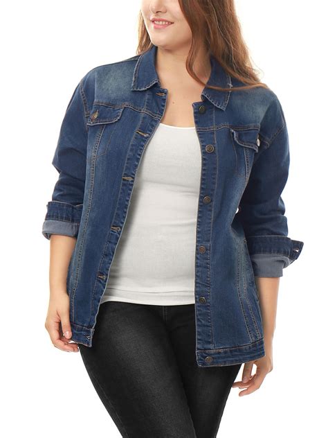 Unique Bargains Women S Plus Size Long Sleeve Button Front Washed Denim Jacket