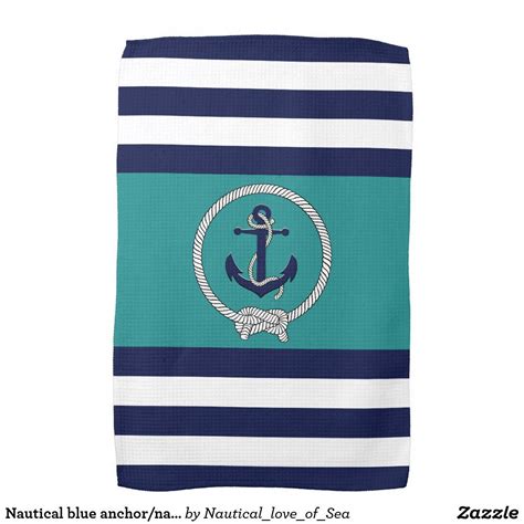 Nautical Blue Anchor Navy Knot Aqua White Stripe Kitchen Towel White