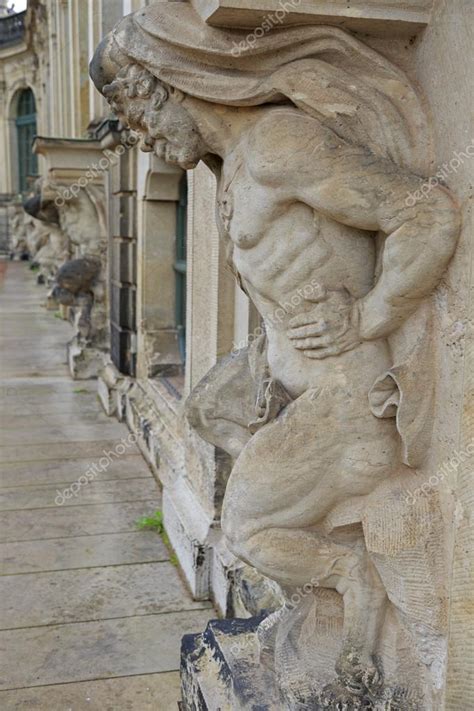 Closeup Half Naked Satyr Statues Row At Zwinger Palace In Dresde