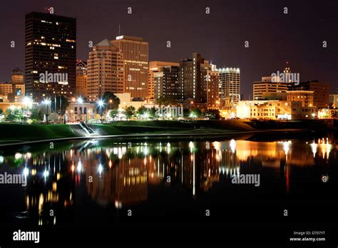 Downtown Dayton, Ohio Skyline from across the Great Miami River at Night Stock Photo - Alamy