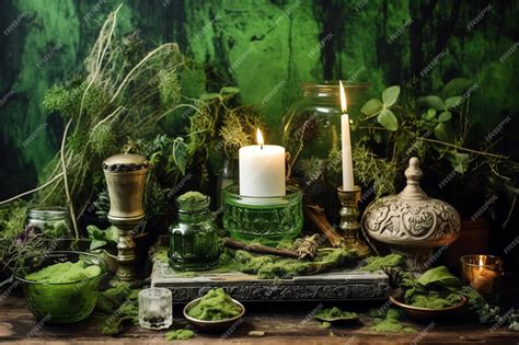 Premium Photo | Witch Altar green magical fairytale world background ...