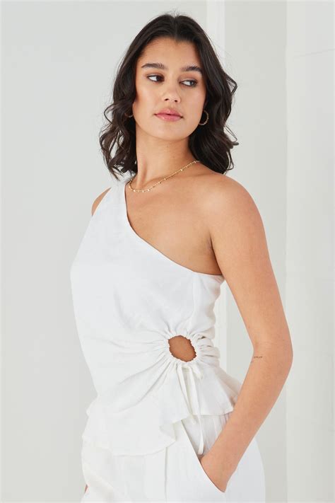 Shop White Linen One Shoulder Cutout Top Online Flo And Frankie