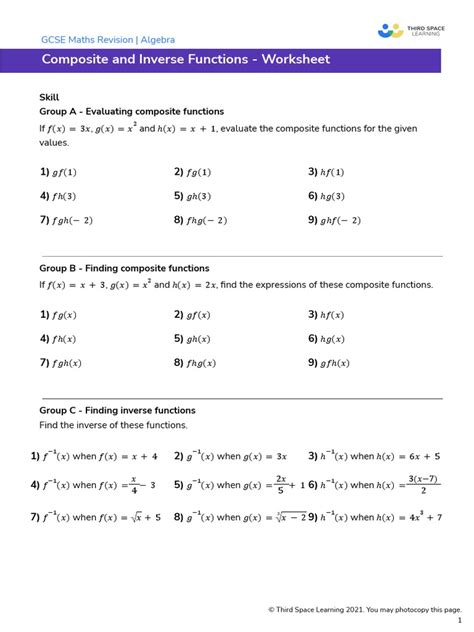 Third Space Learning Composite And Inverse Functions Gcse Worksheet