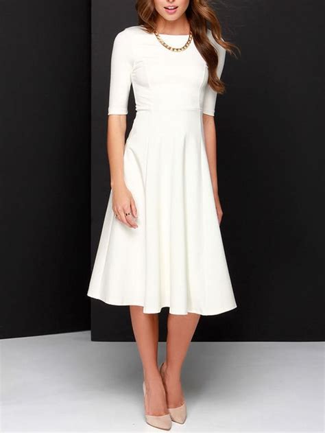 White Concert Half Sleeve Elbow Sleeve Flare Dress Midi Dress With