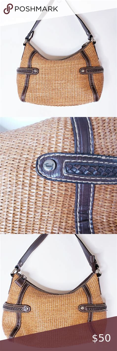 Fossil Vintage Caramel Woven Straw Shoulder Bag Brown Leather