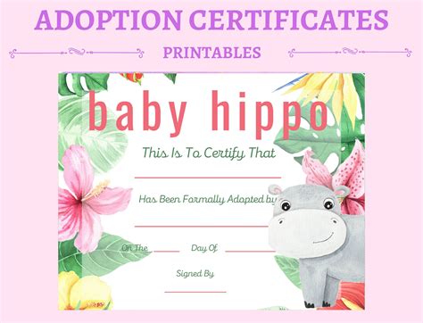 Baby Hippo Adoption Certificate, Adopt A Baby Hippo, Instant Download