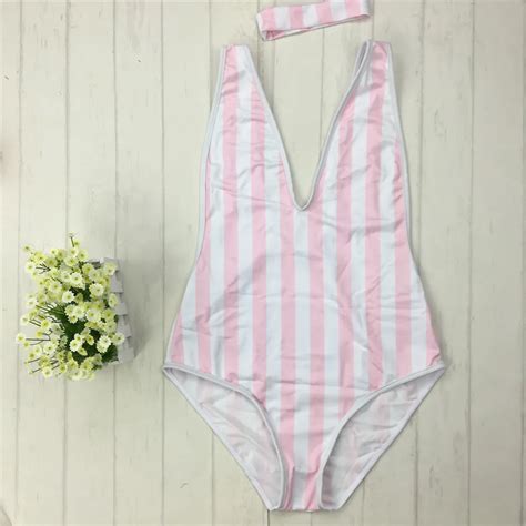 2017 Sexy Pink Striped Swimsuit Halter Deep V One Piece Backless