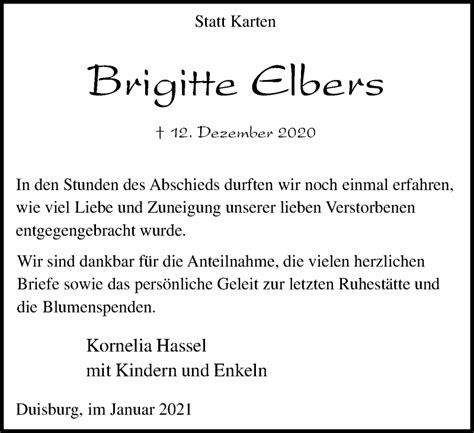 Traueranzeigen Von Brigitte Elbers Trauer In NRW De