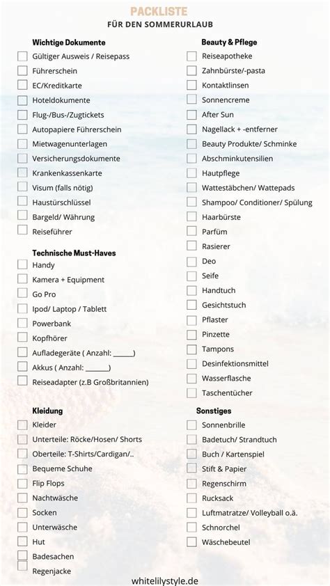 Packliste F R Den Sommerurlaub Zum Ausdrucken Und Ankreuzen Good