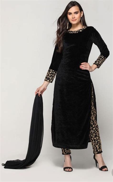 Buy Black Pakistani Suits Velvet Kurta With Pant Readymade Embroidery