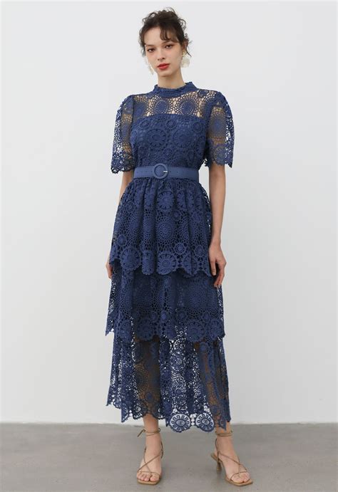 Cutwork Lace Belted Tiered Maxi Dress In Navy Retro Indie And Unique