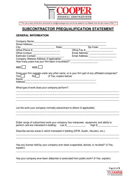 Fillable Online Sub Prequal Form Fax Email Print Pdffiller