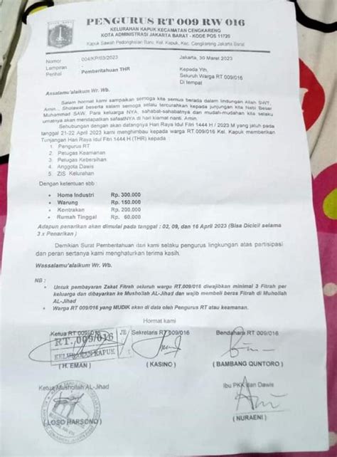 Viral Surat Pengurus Rt Di Cengkareng Jakbar Minta Thr Ke Warga