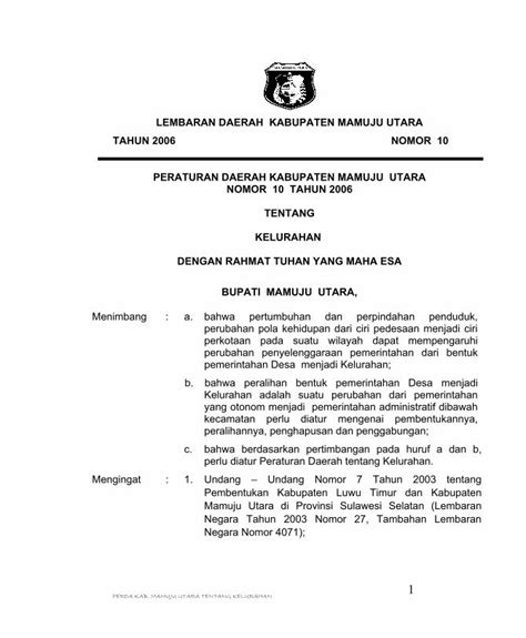 Pdf Lembaran Daerah Kabupaten Mamuju Utara Tahun Ditjenpp