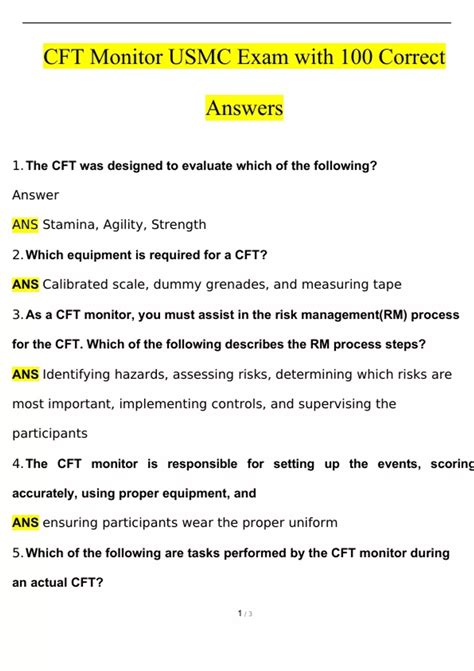 CFT Monitor USMC Exam With 100 Correct Answers 2024 PDF CFT Stuvia US