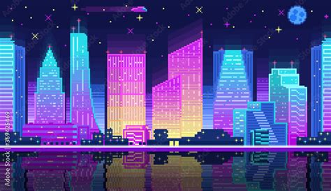 Night city landscape neon pixel background with hight buildings ...