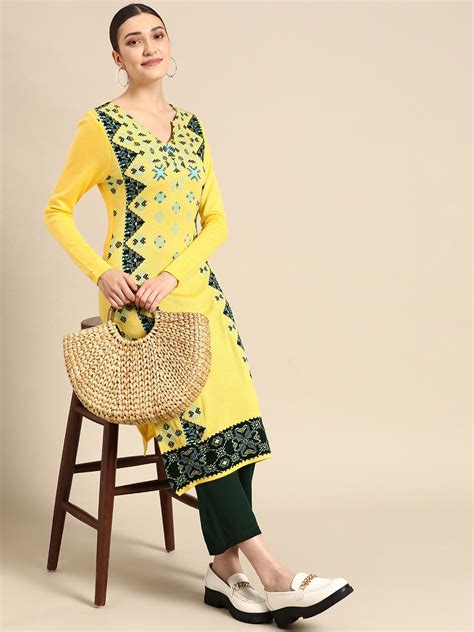 Buy Sangria Women Yellow And Green Ethnic Motifs Winter Kurta With Trousers Kurta Sets For Women