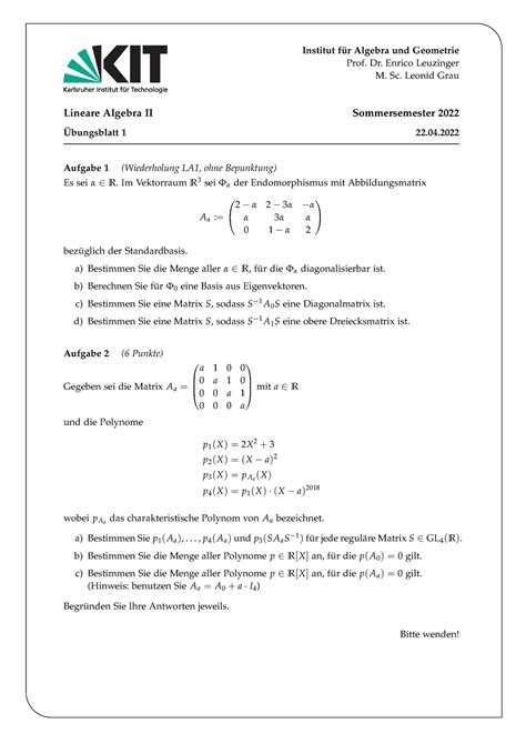 La Blatt Bungsblatt Aus Lineare Algebra F R Mathematiker Aus