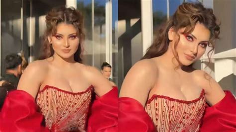 In Pics Urvashi Rautela Sizzles In Red Strapless Gown At Cannes Film