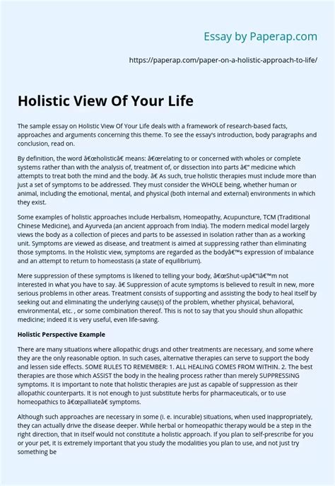 Holistic View Of Your Life Essay Example