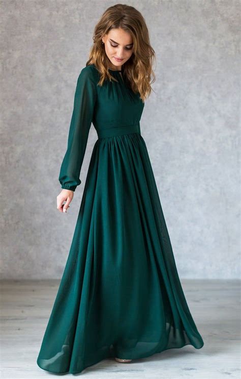 Flowy Emerald Green Dress With Long Sleeves Green Chiffon Bridesmaid